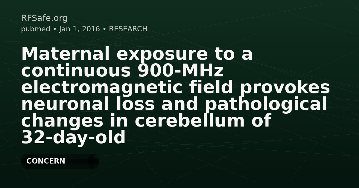 Maternal exposure to a continuous 900-MHz electromagnetic field provokes neuronal loss and pathological changes in cerebellum of 32-day-old female rat offspring.