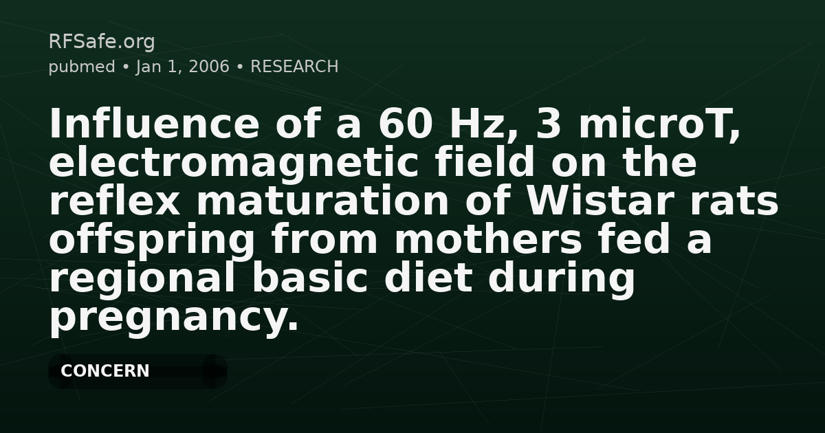 Influence of a 60 Hz, 3 microT, electromagnetic field on the reflex maturation of Wistar rats offspring from mothers fed a regional basic diet during pregnancy.