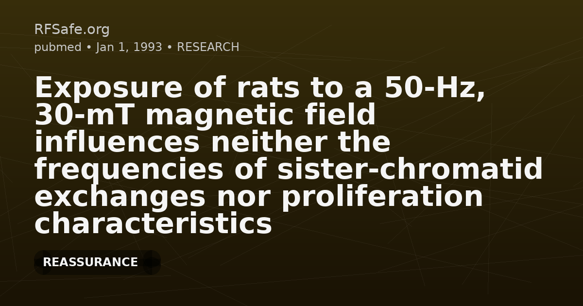 Exposure of rats to a 50-Hz, 30-mT magnetic field influences neither the frequencies of sister-chromatid exchanges nor proliferation characteristics of cultured peripheral lymphocytes.